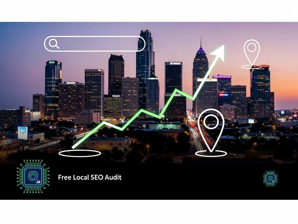 Houston skyline with digital marketing icons representing local SEO visibility